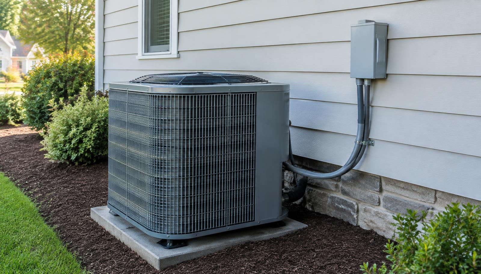 Outdoor heat pump unit with a wall-mounted electrical disconnect beside a home